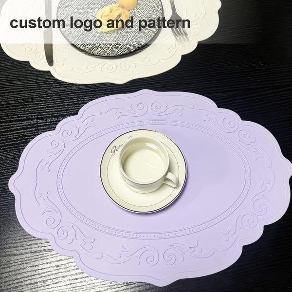 Elosung 2 Pcs Green Oval Embossed Floral Edged Silicone Non Slip Heat Resistant Easy To Clean Dining Table Mats Korean And Style Placemats