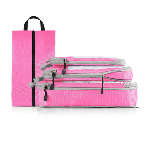 Elosung 4 Piece Set Pink Compression Travel Storage Bags Mesh Organizers For Luggage Foldable And Space Saving Packing Cubes Packing Organisers