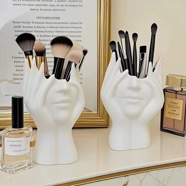 Elosung 2 Pcs White Elegant Hand Shaped Brush Holder Creative Makeup Organizer For Vanity And Desk(Makeup Not Included) Brushes