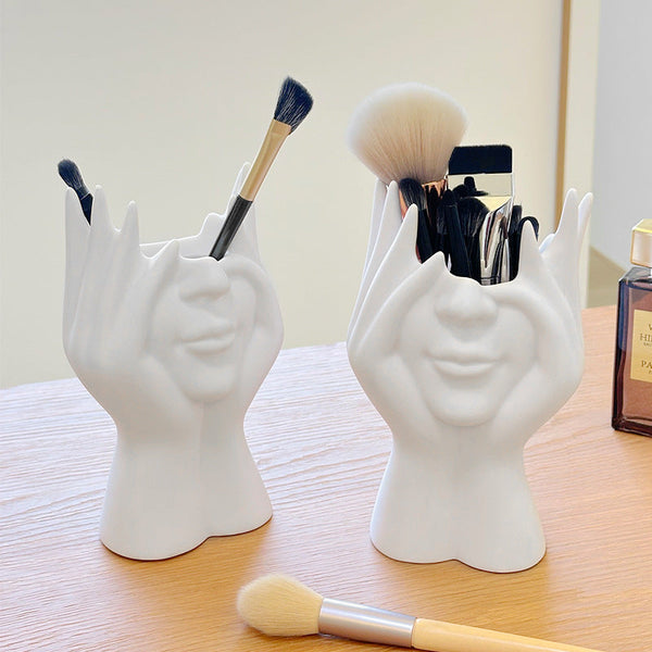 Elosung 2 Pcs White Elegant Hand Shaped Brush Holder Creative Makeup Organizer For Vanity And Desk(Makeup Not Included) Brushes