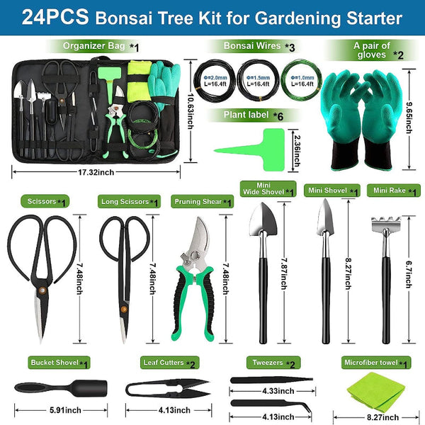Elosung 24 Piece Bonsai Tree Tool Kit For Gardening Starters Garden Tool Sets