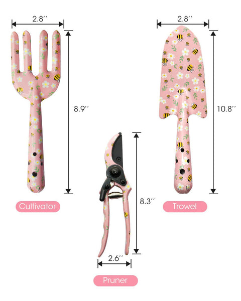 Pink 3 Piece Floral Garden Tool Set Carbon Steel Pruner Trowel & Cultivator For Gardening Garden Tool Sets