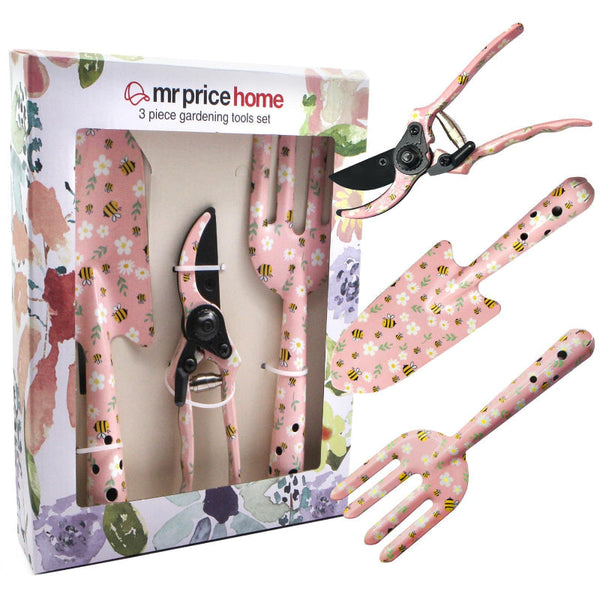 Pink 3 Piece Floral Garden Tool Set Carbon Steel Pruner Trowel & Cultivator For Gardening Garden Tool Sets