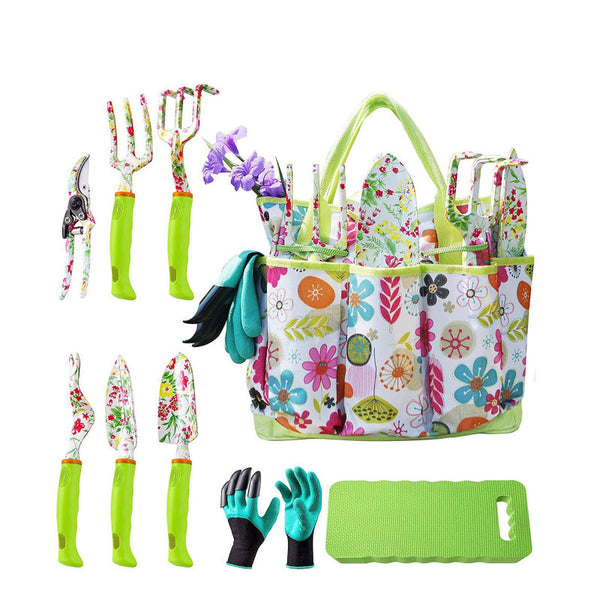 Elosung Green 9 Piece Floral Garden Tool Set For Women Complete Gardening Kit With Tote Bag Pruners And Gloves Garden Tool Sets