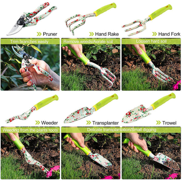 Elosung Green 9 Piece Floral Garden Tool Set For Women Complete Gardening Kit With Tote Bag Pruners And Gloves Garden Tool Sets