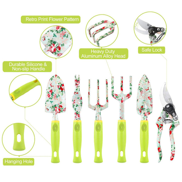 Elosung Green 9 Piece Floral Garden Tool Set For Women Complete Gardening Kit With Tote Bag Pruners And Gloves Garden Tool Sets