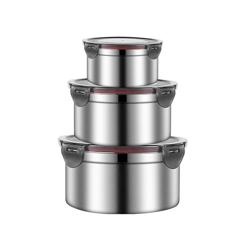 Brown 3 Piece 304 Stainless Steel Food Storage Set With Leak Proof Lids Round Design For Fridge And Meal Prep Food Storage Containers