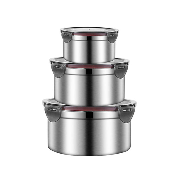 Brown 3 Piece 304 Stainless Steel Food Storage Set With Leak Proof Lids Round Design For Fridge And Meal Prep Food Storage Containers