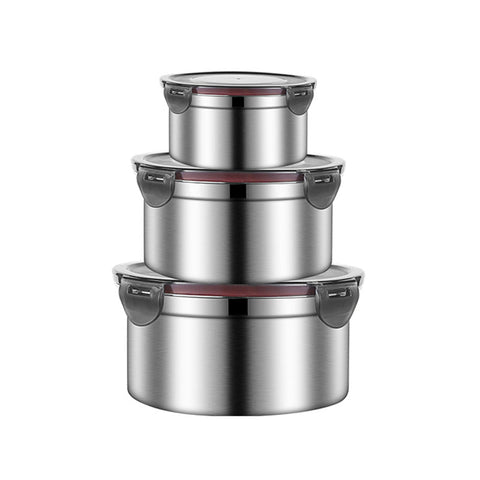 Brown 3 Piece 304 Stainless Steel Food Storage Set With Leak Proof Lids Round Design For Fridge And Meal Prep Food Storage Containers