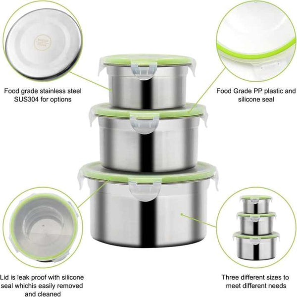 Elosung Brown 3 Piece 304 Stainless Steel Food Storage Set With Leak Proof Lids Round Design For Fridge And Meal Prep Placeholder