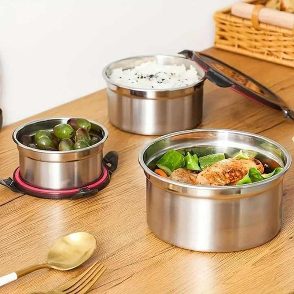 Elosung Brown 3 Piece 304 Stainless Steel Food Storage Set With Leak Proof Lids Round Design For Fridge And Meal Prep Placeholder