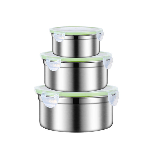 Green 3 Piece 304 Stainless Steel Food Storage Set With Leak Proof Lids Round Design For Fridge And Meal Prep Food Storage Containers