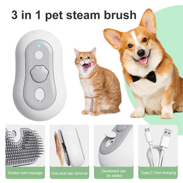 3 In 1 Pet Grooming Steam Brush For Fur Removal And Odor Elimination Dog Grooming