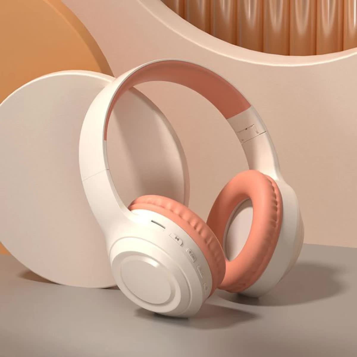 Off White And Orange Wireless Headphones 400Mah 16H Playtime Sd Card Aux Support Earbuds