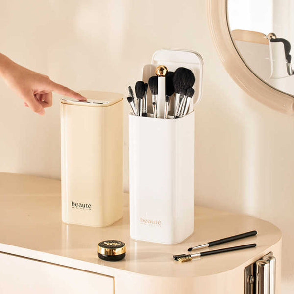 Cream Yellow Automatic Lifting Makeup Brush Holder With 4 Compartments Large Capacity Cosmetic Organizer(Makeup Are Shooting Props And Not Included) B