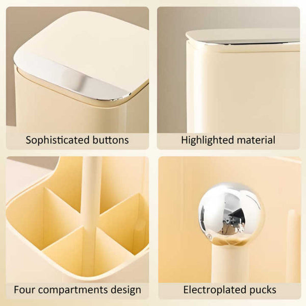 Black Gold Automatic Lifting Makeup Brush Holder With 4 Compartments Large Capacity Cosmetic Organizer(Makeup Are Shooting Props And Not Included) Bru