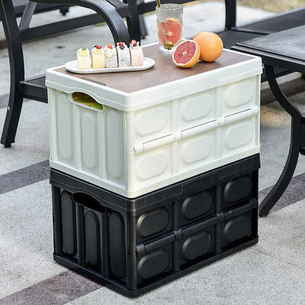 Elosung 30L Black Foldable Storage Box With Wooden Lid Multifunctional Car Organizer Outdoor Folding Container Storage Boxes