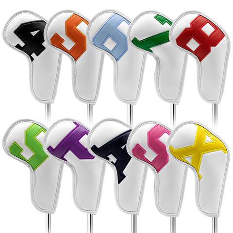 White Covers With Various Colored Numbers Premium Pu Leather Golf Iron Headcover Set (10Pcs) | Numbered 4 9 A X Protective Club For Irons Club Head Co