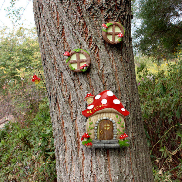 Enchanting Fairy Garden Mushroom House Set Whimsical Tree Trunk Decor For Outdoor Gardens Ornaments & Statues