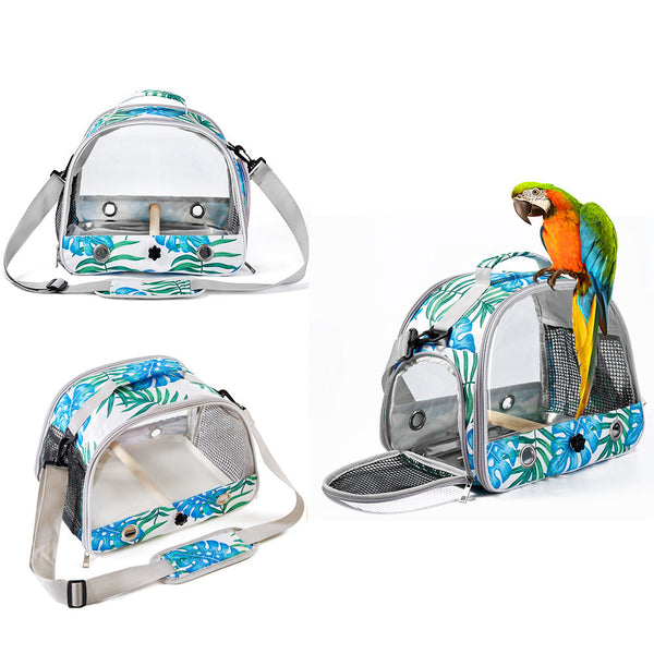 Stylish Leaf Print Clear View Bird Carrier Portable Travel Cage With Perch Tray Parrots Small Pets Small Animal Supplies