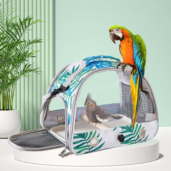 Stylish Leaf Print Clear View Bird Carrier Portable Travel Cage With Perch Tray Parrots Small Pets Small Animal Supplies