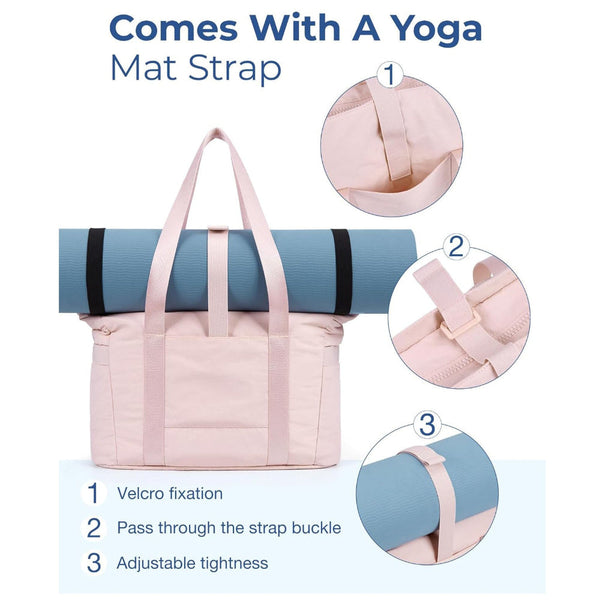 Pink Versatile Women's Gym Tote Bag With Yoga Mat Strap 18L Carryall Fits 15.6 Laptop Multi Pocket Organiser Gym Bags