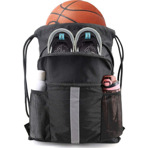 Black Multi Pocket Drawstring Backpack Gym Bag With Zipper Compartments Bottle Holders & Reflective Strip Gym Bags
