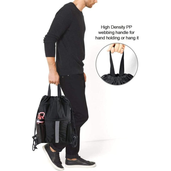 Black Multi Pocket Drawstring Backpack Gym Bag With Zipper Compartments Bottle Holders & Reflective Strip Gym Bags