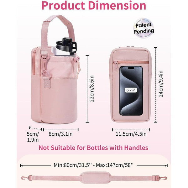 Black Stylish Water Bottle Carrier Bag With Phone Pocket Key Clip & Adjustable Strap Crossbody Sling Holder Gym Bags