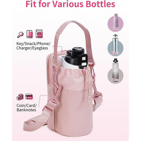 Black Stylish Water Bottle Carrier Bag With Phone Pocket Key Clip & Adjustable Strap Crossbody Sling Holder Gym Bags