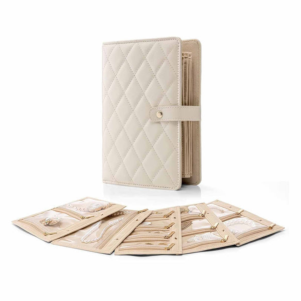 White Elegant Quilted Travel Jewelry Organiser Binder Portable Loose Leaf Storage Book With Clear Zipper Pockets For Earrings Necklaces Rings Jeweller