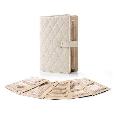 White Elegant Quilted Travel Jewelry Organiser Binder Portable Loose Leaf Storage Book With Clear Zipper Pockets For Earrings Necklaces Rings Jeweller