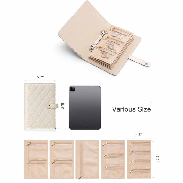 White Elegant Quilted Travel Jewelry Organiser Binder Portable Loose Leaf Storage Book With Clear Zipper Pockets For Earrings Necklaces Rings Jeweller