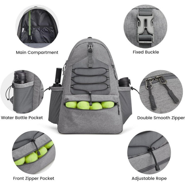 Grey Lightweight Water Resistant Tennis Backpack Multi Pocket Sports Bag For Rackets Balls & Gear Bags