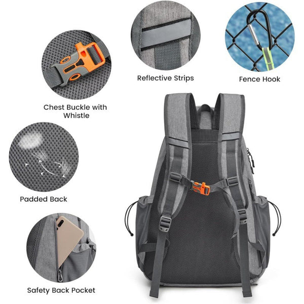 Grey Lightweight Water Resistant Tennis Backpack Multi Pocket Sports Bag For Rackets Balls & Gear Bags