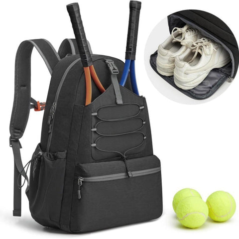 Black Lightweight Water Resistant Tennis Backpack Multi Pocket Sports Bag For Rackets Balls & Gear Bags