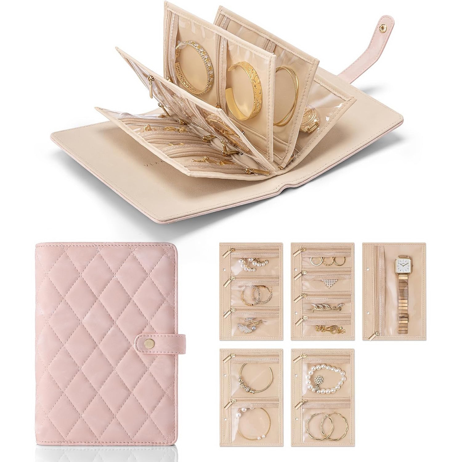 Pink Elegant Quilted Travel Jewelry Organiser Binder Portable Loose Leaf Storage Book With Clear Zipper Pockets For Earrings Necklaces Rings Jewellery