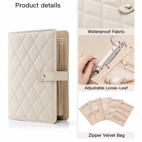 Pink Elegant Quilted Travel Jewelry Organiser Binder Portable Loose Leaf Storage Book With Clear Zipper Pockets For Earrings Necklaces Rings Jewellery
