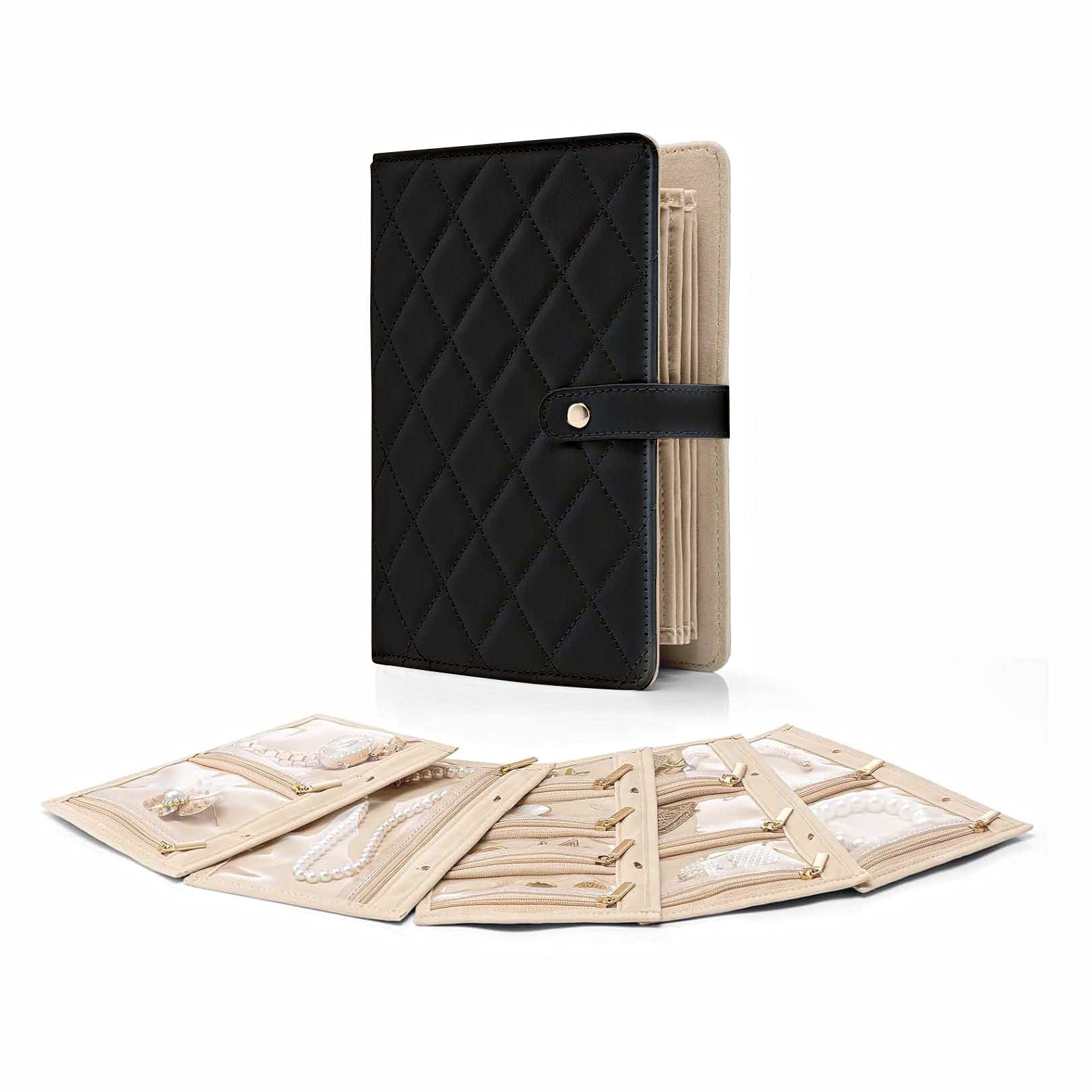 Black Elegant Quilted Travel Jewelry Organizer Binder Portable Loose Leaf Storage Book With Clear Zipper Pockets For Earrings Necklaces Rings Jeweller