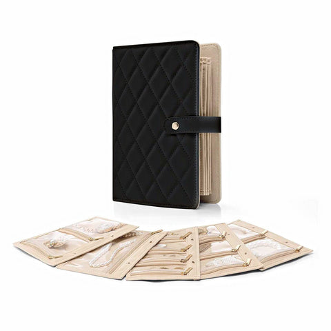 Black Elegant Quilted Travel Jewelry Organizer Binder Portable Loose Leaf Storage Book With Clear Zipper Pockets For Earrings Necklaces Rings Jeweller