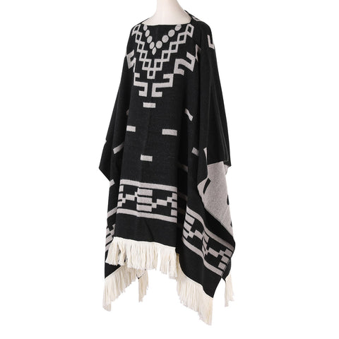 Black Women's Versatile Faux Cashmere Poncho Cape Shawl With Geometric Pattern & Fringe Trim Scarves & Wraps