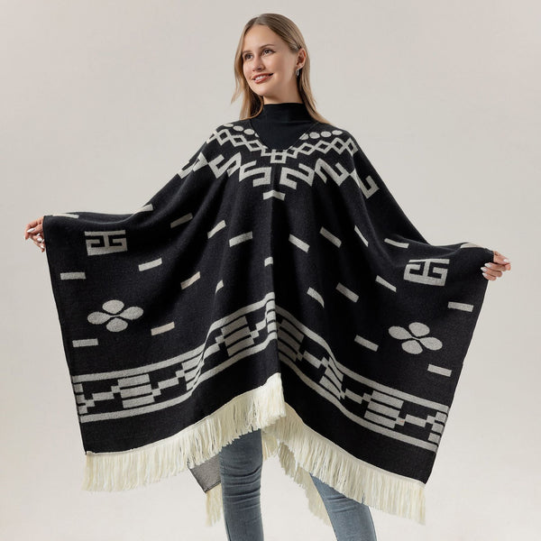 Black Women's Versatile Faux Cashmere Poncho Cape Shawl With Geometric Pattern & Fringe Trim Scarves & Wraps