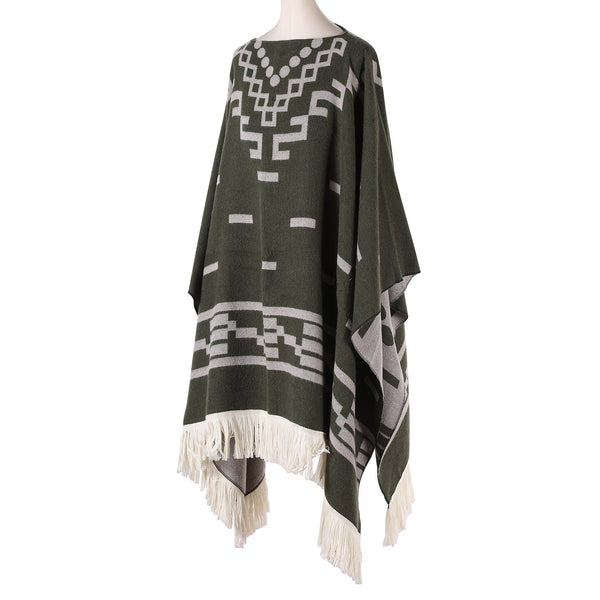 Green Women's Versatile Faux Cashmere Poncho Cape Shawl With Geometric Pattern & Fringe Trim Scarves & Wraps