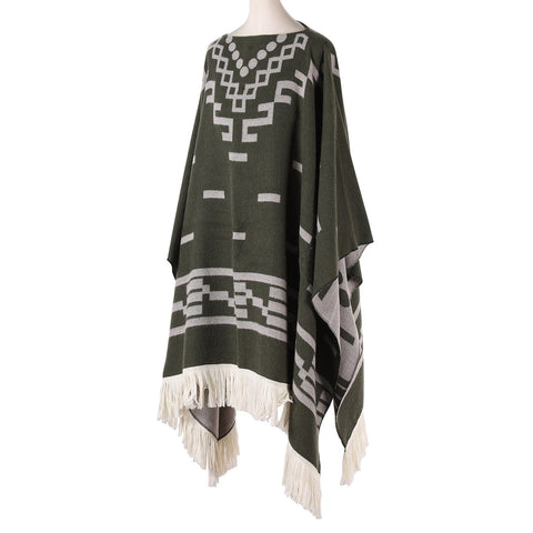 Green Women's Versatile Faux Cashmere Poncho Cape Shawl With Geometric Pattern & Fringe Trim Scarves & Wraps