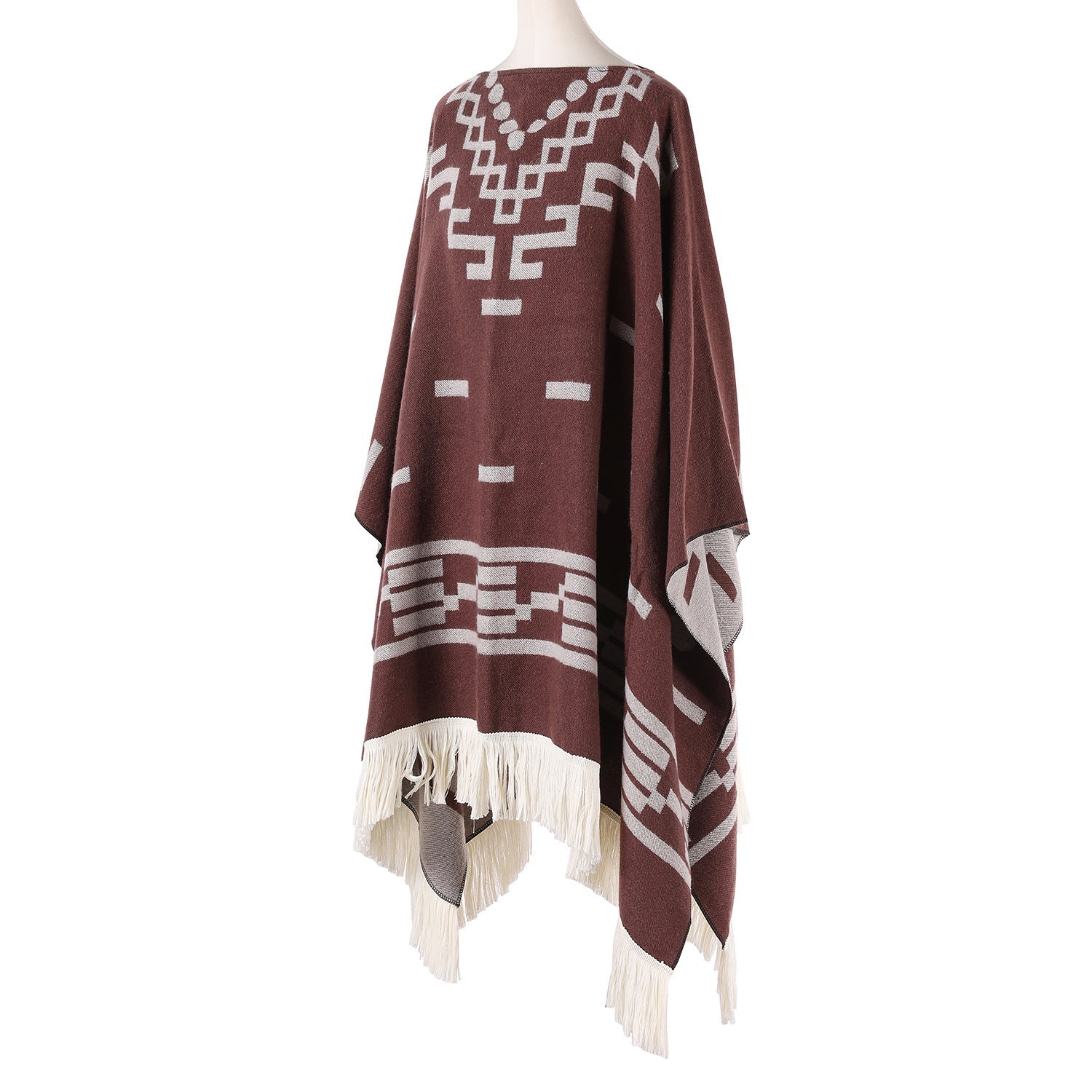 Coffee Women's Versatile Faux Cashmere Poncho Cape Shawl With Geometric Pattern & Fringe Trim Scarves & Wraps
