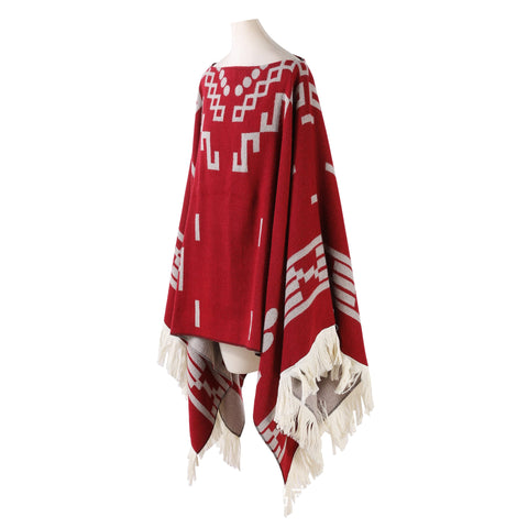 Red Women's Versatile Faux Cashmere Poncho Cape Shawl With Geometric Pattern & Fringe Trim Scarves & Wraps