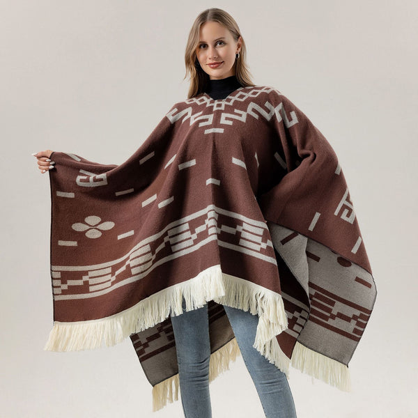 Red Women's Versatile Faux Cashmere Poncho Cape Shawl With Geometric Pattern & Fringe Trim Scarves & Wraps