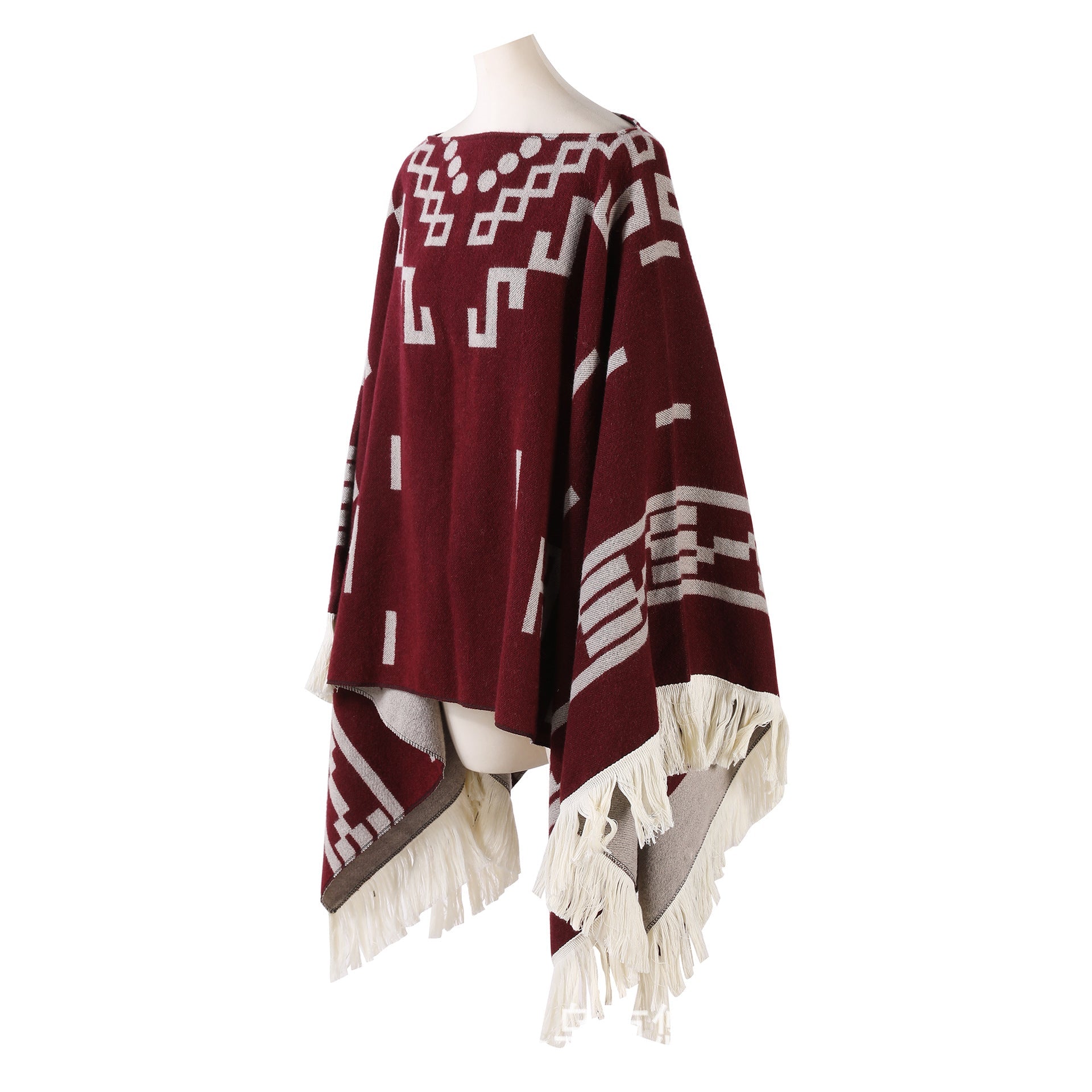 Elosung Wine Red Women's Versatile Faux Cashmere Poncho Cape Shawl With Geometric Pattern & Fringe Trim Scarves & Wraps