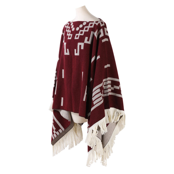 Elosung Wine Red Women's Versatile Faux Cashmere Poncho Cape Shawl With Geometric Pattern & Fringe Trim Scarves & Wraps