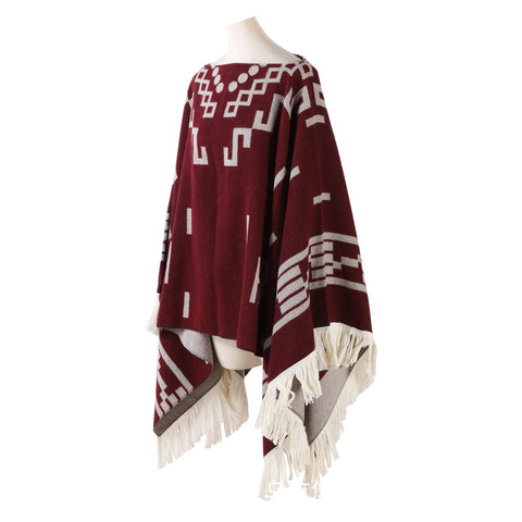 Elosung Wine Red Women's Versatile Faux Cashmere Poncho Cape Shawl With Geometric Pattern & Fringe Trim Scarves & Wraps